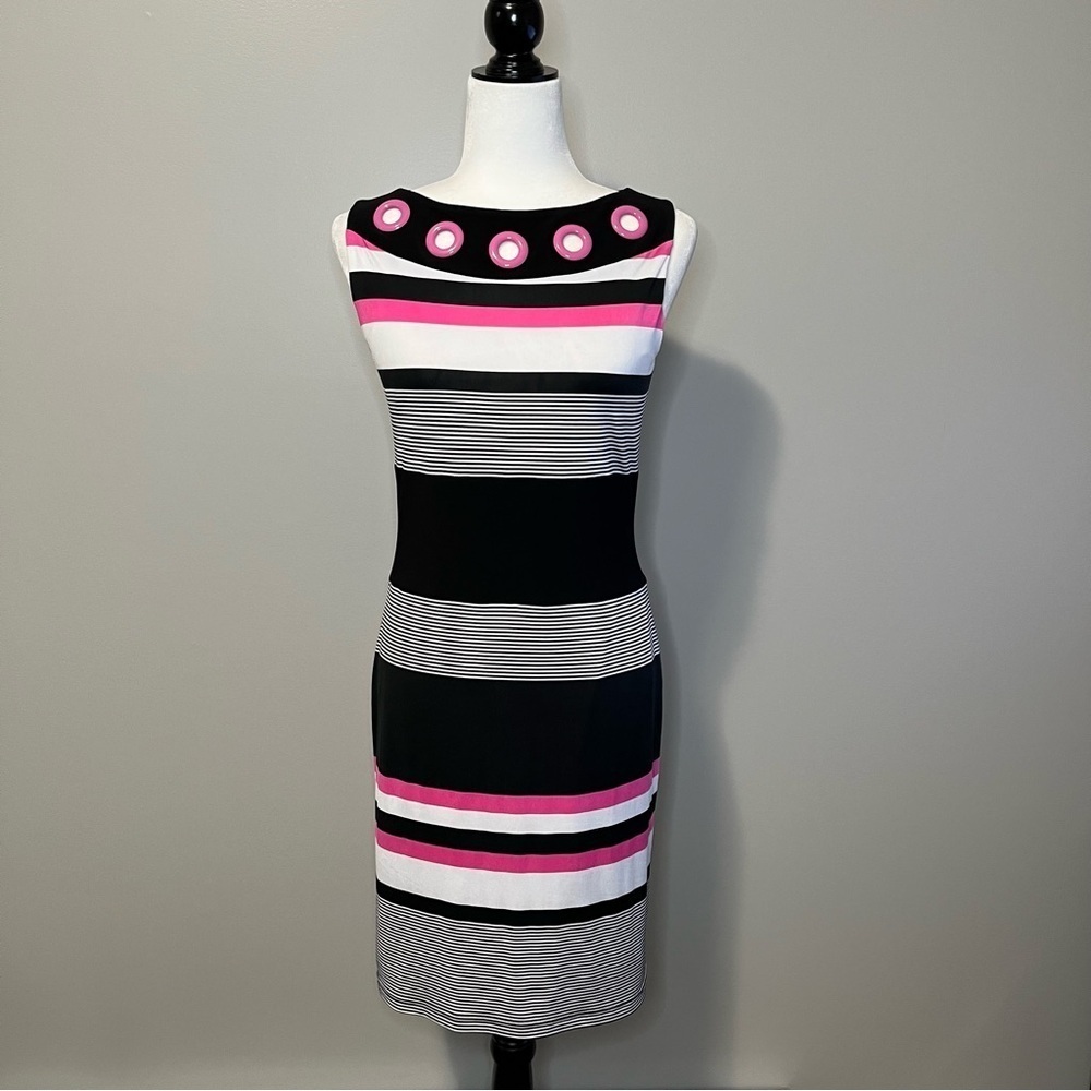 Joseph Ribkoff Style 003184 Sleeveless Striped Sheath Dress Pink Black White
